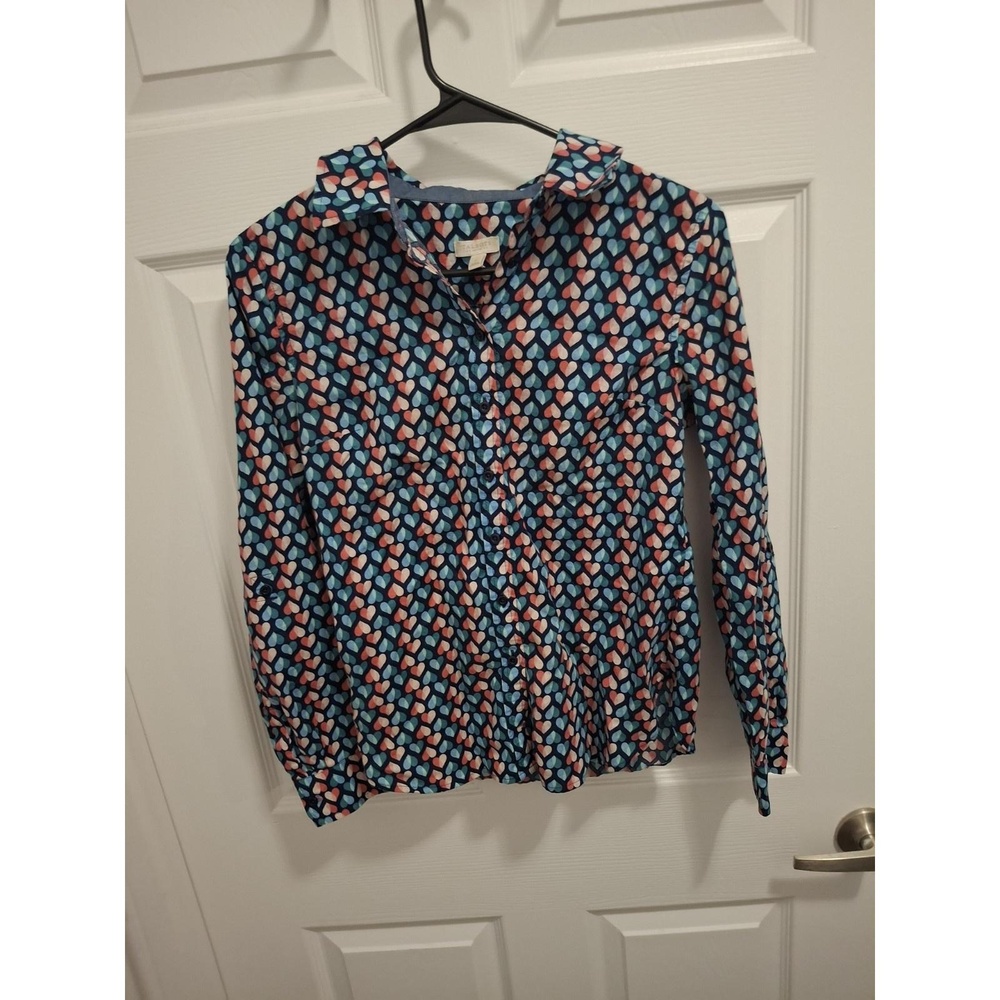 3/$15 Talbots Small Petite Blue Pink Heart Long Sleeve Collared Button Up‎ Shirt